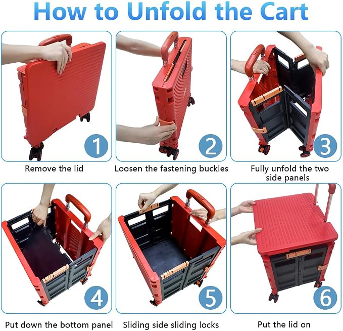 FELICON SELORSS Foldable Utility Cart Folding Portable Rolling Crate-Red | Durable,Heavy Duty,Plastic Box,Telescoping Handle,4 Rotate Wheels,Collapsible Handcart for Travel Shop Move Luggage Office - Image 4