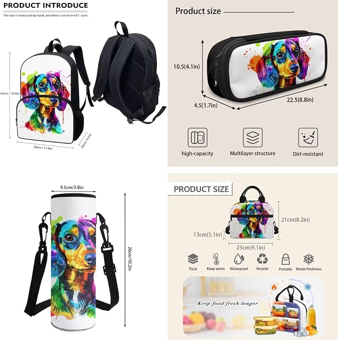 Colorful Dachshund Dog Schoolbag for Boys Girls，4Pcs Dachshund Dog Backpack with Insulated Lunchbag Tote Bag Pen Holder Pouch Water Bottle Carrier Bag - Image 3