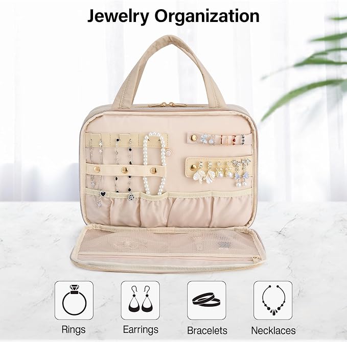 Hanke Hanging Travel Toiletry Bag with Jewelry Organizer, Apricot | Large Capacity, Holds Full-Size Bottles, Water & Stain Resistant, 360° Swivel Hook, Trolley Sleeve, Women's Makeup Organizer - Image 3