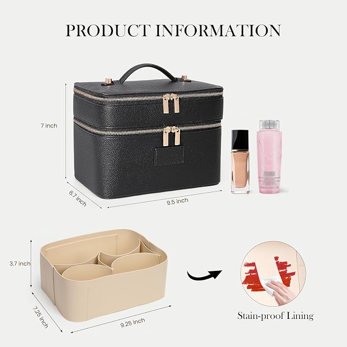 HiTotes Large Makeup Bag Duo Vanity Case for Women Leather Makeup Case Travel Toiletry Bag Portable Double Layer Cosmetic Bag - Image 4