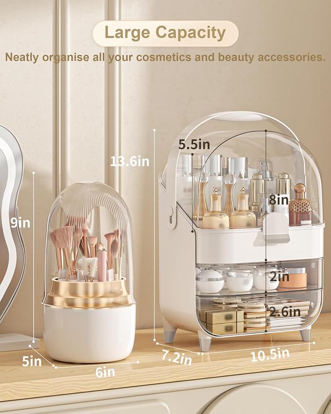 Makeup Organizer Countertop, Skincare Holder Bathroom Counter Organizer, Storage Box Cosmetic Display Cases, Teen Girl Gifts Make up Organizers (Sliver/Brush) - Image 2