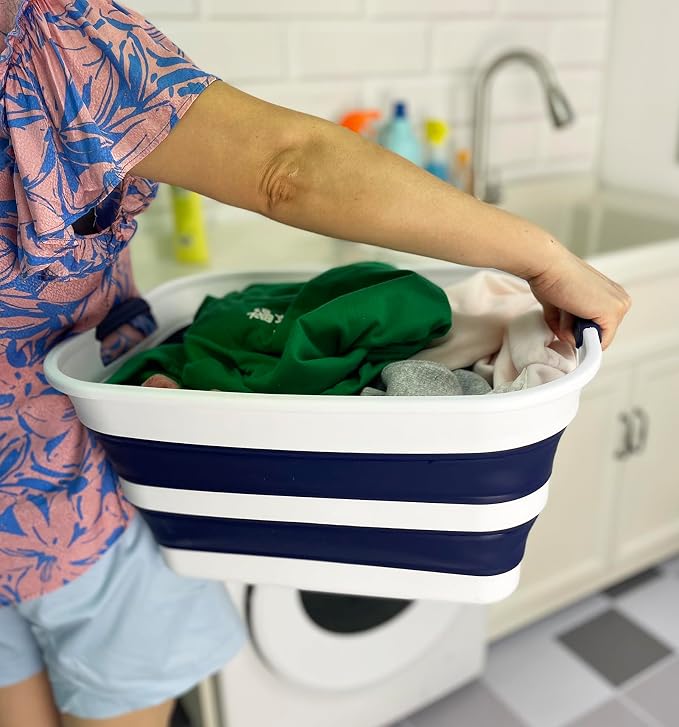 SAMMART Collapsible Plastic Laundry Basket with Handle/Foldable Pop Up Storage Hamper/Portable Laundry Organizer-Space Saving Washing Tub/Household Storage (White/Starry Blue, 27L) - Image 4