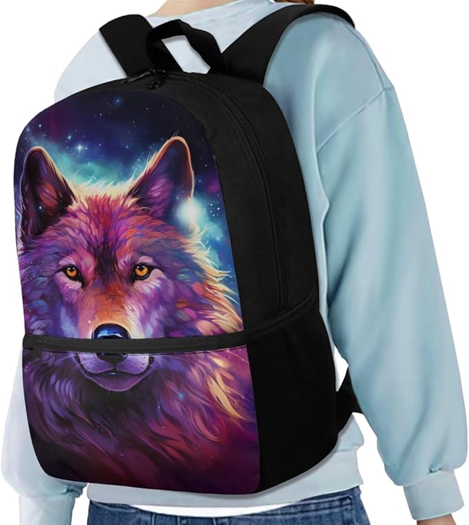 Galaxy Wolf Backpack for Girls Kids Backpack with Lunch Box Water Bottle Carrier with Strap and Pencil Case 4PCS Set Bookbag with Front Pocket for School 17 inch Large Elementary School Bag - Image 2