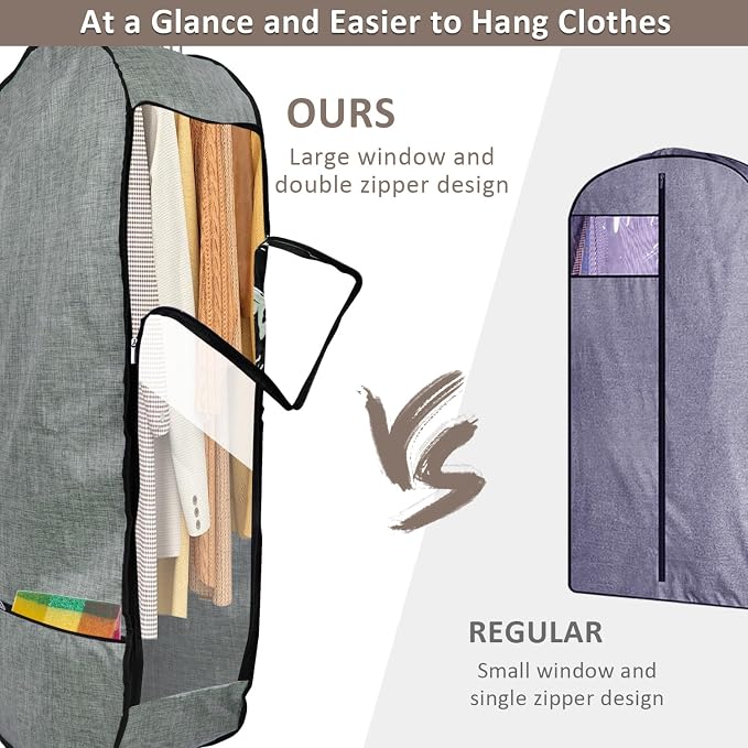 2PCS 50”Garment Bags for Hanging Clothes,Chakera Large Breathable Garment Bag for Closet Storage with 10”Gusseted,Clear Clothing Storage Garment Cover for Dress Sweater with Double Zipper,Grey - Image 5