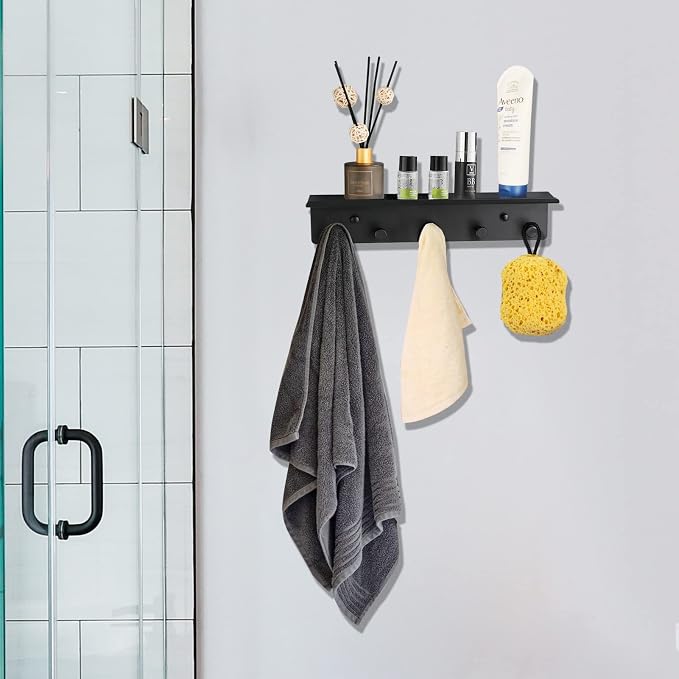 Bathroom Towel Rack Wall Mounted, Rustproof Aluminium Shelf with 5 Bath Robe Hook, Decor Display Storage, Hot Tub Accessories, Hanging Hanger for Hat, Key, Bag Holder, Bathtub - Image 2