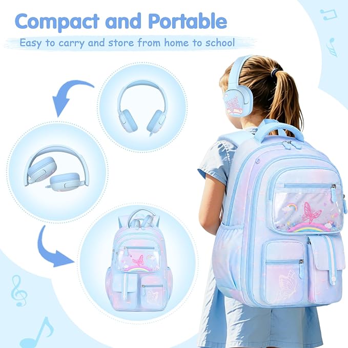 ACESAK Kids Backpack for Girls, Rainbow Backpack Set with Over-ear headphones, Lunch Bag Set for School, Girls Backpack for Elementary Middle school Teen Student(Blue) - Image 5
