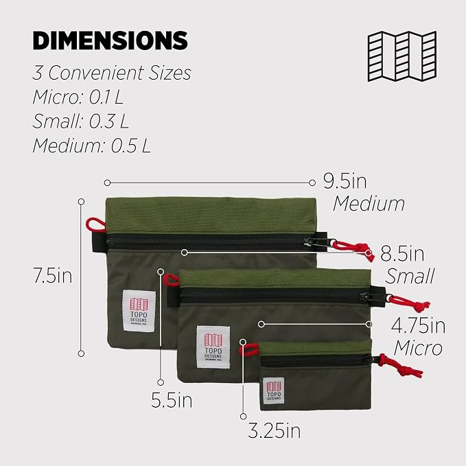 Topo Designs Accessory Bags, Travel Organizer Accessories for Smaller Items, Durable Storage Pouch, 3 Sizes, Fully Lined Pack Cloth (Micro, Olive/Olive) - Image 2