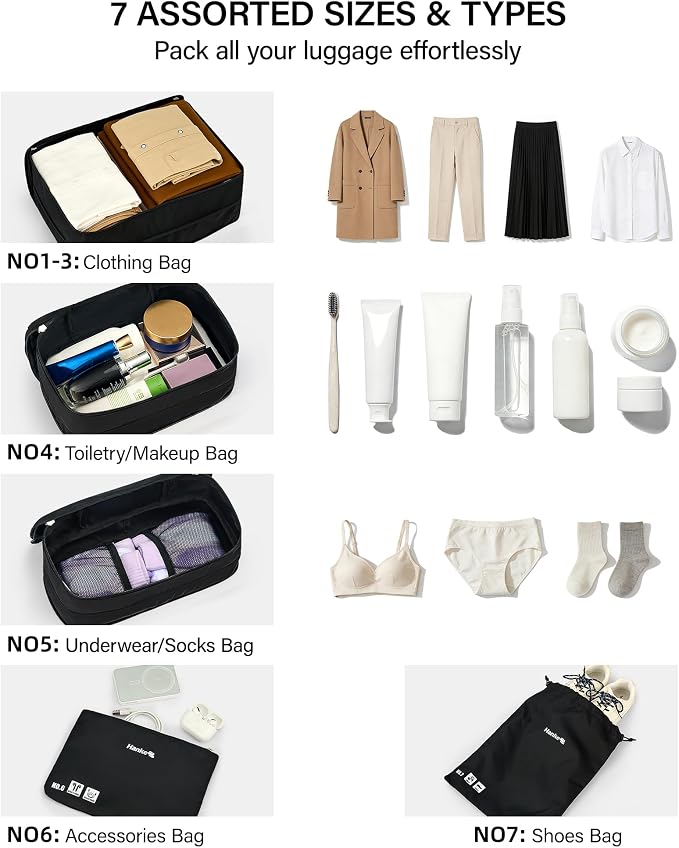 Hanke 7 Piece Expandable Compression Packing Cubes, Premium Travel Packing Organizers for Suitcases/Carry On, Luggage Organizer Bags with Breathable Mesh & Label,Black - Image 5