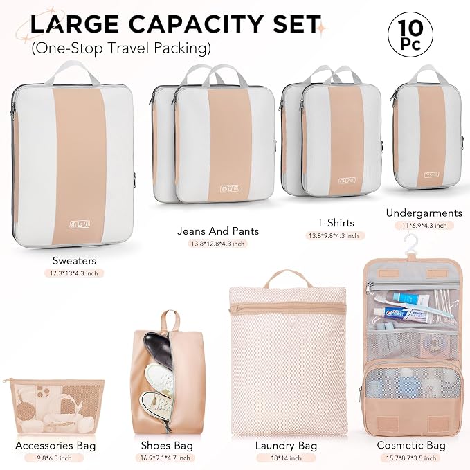 OlarHike 10 Set Compression Packing Cubes for Travel Essentials,Compressible Expandable Space Saver Bags for Organizing Clothes,Luggage Suitcase Garment Bags with Over 1000 pcs Mesh Holes(Gold) - Image 2