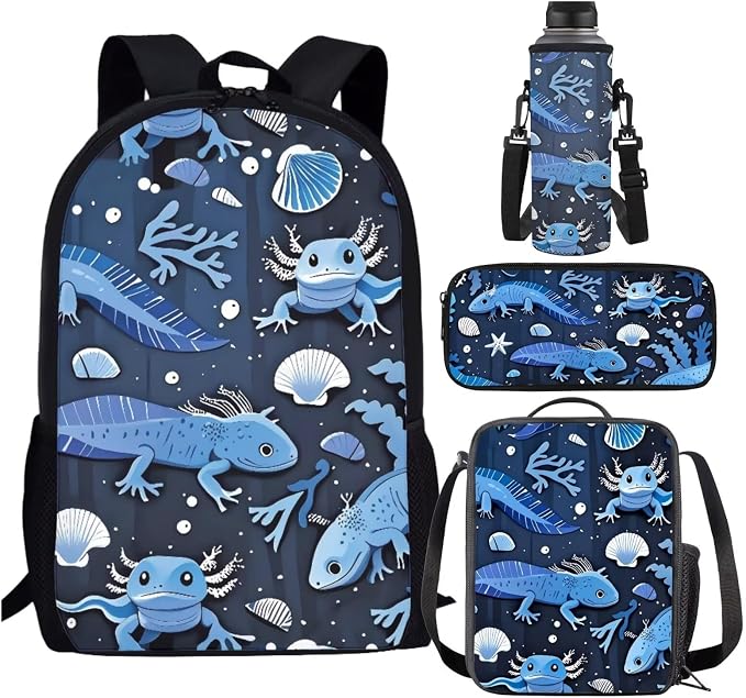Blue Axolotl Backpack with Lunch Box Kids Girls 6-8/8-10 Novelty Seaweed Elementary School Bookbag and Lunch Bag Pencil Case Water Bottle Holder 4 in 1 Primary Back Pack Preschool Book Bags by SCRAWLGODDreamWardrobe