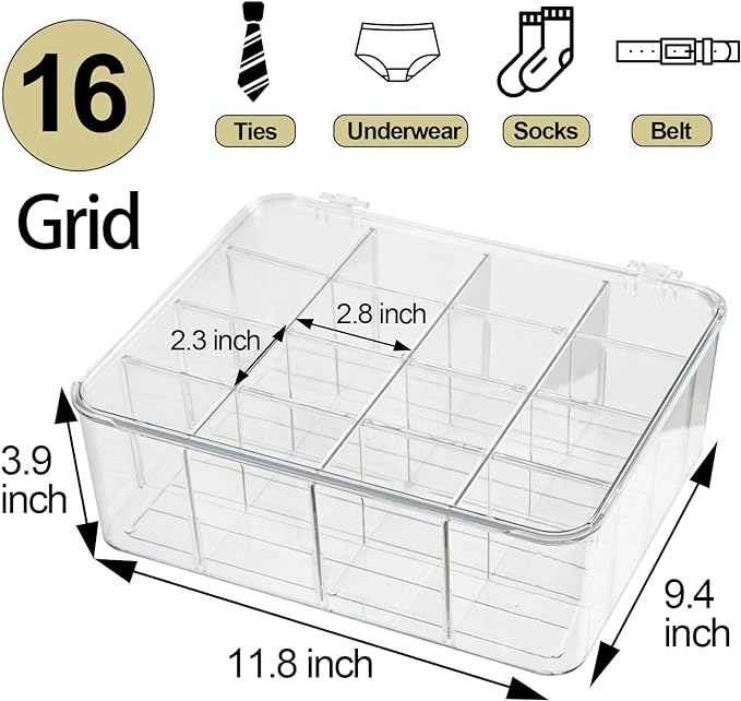 ZEXALOR Plastic Clear Storage Containers, Set of 2, Sock Organizer Divided Boxes with Lids, Underwear Drawer Organizer, Tie Dresser Organizer (11.8×9.4×3.9") - Image 2