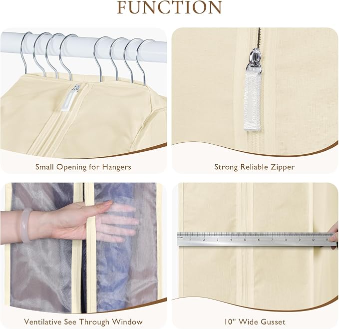 Univivi Premium Cotton Garment Bags for Hanging Clothes and Storage, 40 Inch Washable Suit Cover Bag with Extra Large 10" Gusset & Clear Window - Perfect for Suits, Coats, Jackets - 2 Pack, Beige - Image 2