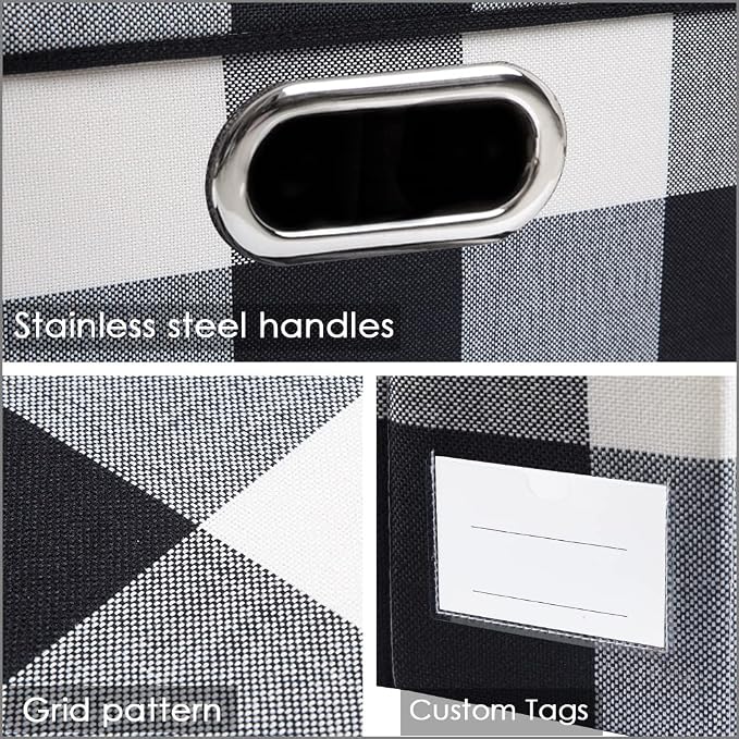 PRANDOM Collapsible Storage Bin with Lid [3-Pack] Fabric Foldable Storage Box Organizer Container Basket Cube with Cover for Home Bedroom Closet Office Nursery Black and White Grid(14.9x9.8x9.8) - Image 5