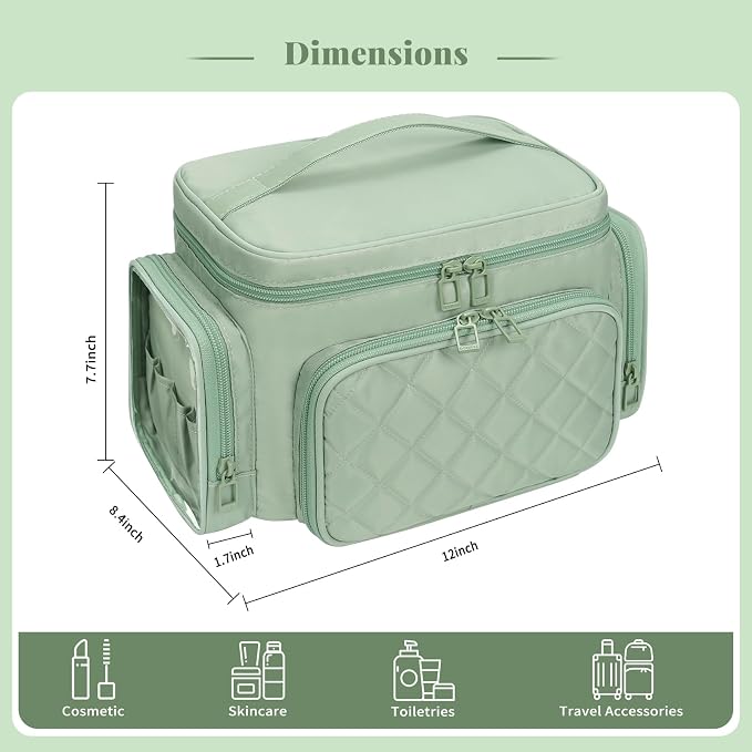 Bagmoly Large Makeup Bag, Portable Travel Makeup Bag Organizer for Women Girls with Makeup Brush Compartment & Two Side Pockets, Cosmetic Travel Bag Vertical Storage Toiletry - Green - Image 6