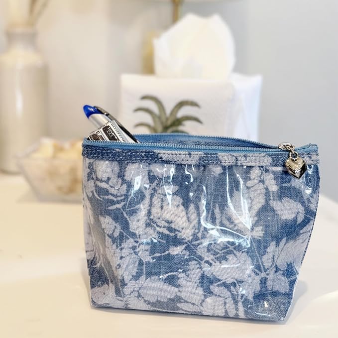 Jacaranda Living Small Cosmetic Bag - Water-Resistant, PVC-Lined, Compact & Travel Ready Make Up Bag, Easy to Clean - Floral Denim - Image 8