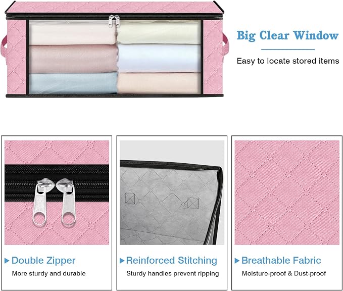HomeHacks Storage 4-Pack Clothes Organizer Storage Bags Foldable Storage Box with Large Clear Window Sturdy Handles for Closet, Dorm, Pillows, Bedding, Clothes, Blankets, 35L, Pink - Image 4