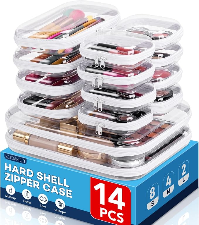 14 Pack Clear Hard Shell Zipper Case, Crush-Proof Diaper Organizer Pouches | Plastic Hard Sided Zippers Pouches, Toiletry Pouch, Waterproof Travel Cosmetic Bag, Toy Storage Bins, (2L, 4M, 8S) by Sctoarielt