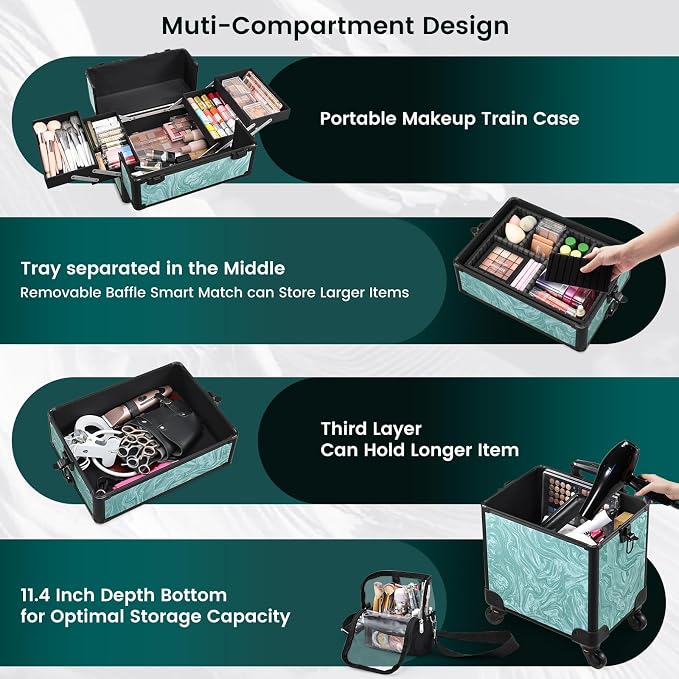 Stagiant Rolling Makeup Case 4 in 1 Cosmetology Case on Wheels Makeup Travel Case with Cosmetic Bag Key Swivel Wheels Salon Barber Case Traveling Cart Trunk Cosmetic Trolley Alpine Blue - Image 3