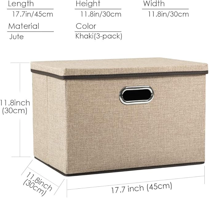 PRANDOM Large Collapsible Storage Bins with Lids [3-Pack] Jute Fabric Foldable Storage Boxes Organizer Containers Baskets Cube with Cover for Home Bedroom Closet Office Nursery (17.7x11.8x11.8) - Image 6