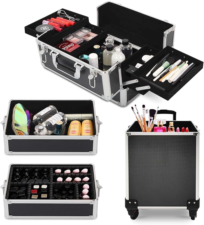 4 in 1 Rolling Makeup Train Case, Large Storage Cosmetic Trolley Makeup Travel Case with Key & Wheels Salon Barber Case Traveling Cart Trunk (Black) (0057) - Image 9