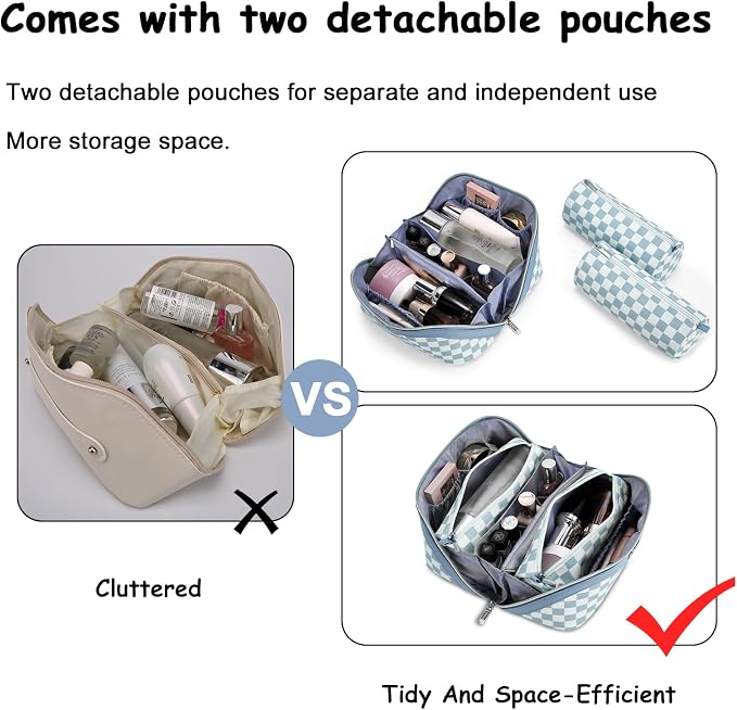 BOYATU Travel Makeup Bag Organizer Cosmetic Bag: 3 Pcs Set Make up Bags for Women with Handle - Waterproof Vegan Leather Toiletry Bag (01-G-Blue) - Image 3