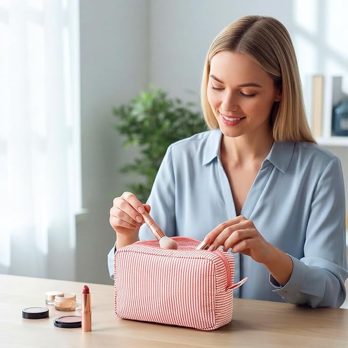 Sanwuta 10 Pcs Seersucker Cosmetic Bag Seersucker Makeup Bag Women Stripe Large Travel Toiletry Organizer Preppy Storage Pouch for Embroidery Wedding Bridesmaid Bride Mom (Multicolor) - Image 5