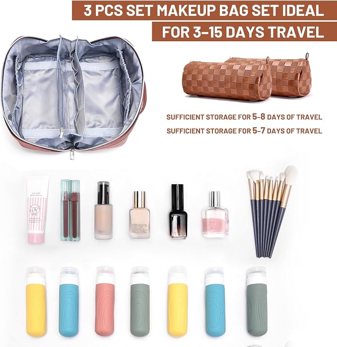 BOYATU Travel Makeup Bag Organizer: 3 Pcs Set Large Capacity Cosmetic Bags Holds 10–20 100ml Full-Size Bottles - 180°Open-Flat Make up Case 3-sec touch-up - Toiletry Bag Gift women (03-A-Brown) - Image 4