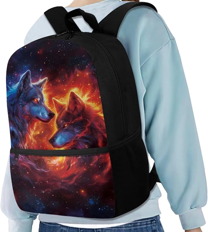 Galaxy Wolf Backpack for Girls Boys Backpack with Lunch Box Water Bottle Pouch and Zipper Pencil Pouch 4PCS Set Bookbag with Front Pocket for School 17 inch Large Capacity School Bag for Kids - Image 2