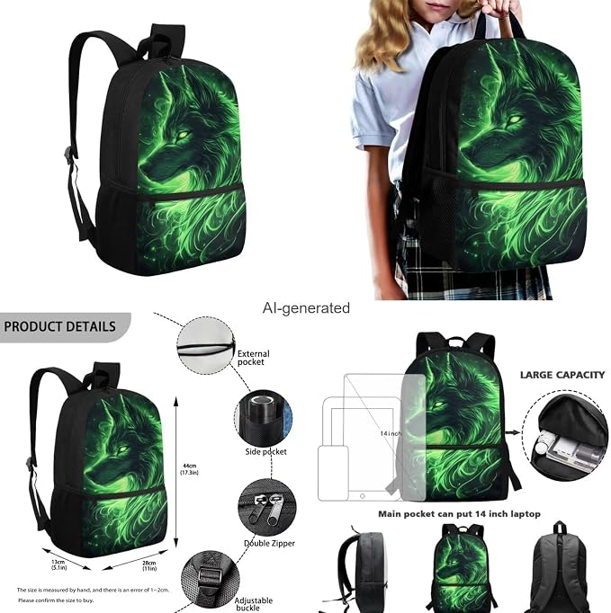 Galaxy Wolf Backpack for Boys Girls Backpack with Lunch Box Water Bottle Carrier and Large Pencil Case 4PCS Set Lightweight Bookbag with Front Pocket for School 17" Sturdy School Bag for Kids - Image 3