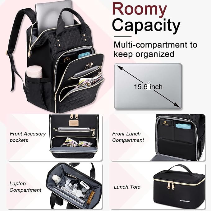Weitars Lunch Backpack For Women,15.6 Inch Laptop Backpacks For Womens Back pack, Travel Backpacks,Work Backpack For Women (Black) - Image 2