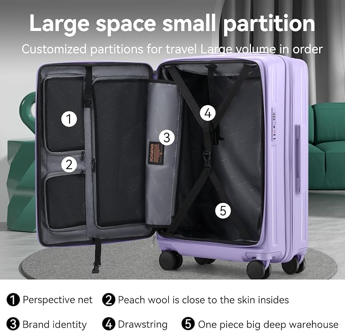 ROAMING 20 Inch Carry On Luggage Expandable Front Opening Rolling Vacation Suitcase with Spinner Wheels and TSA Lock Cup Holder PC Hard Shell Travel Trolley Case for Shout Business Trips purple - Image 7