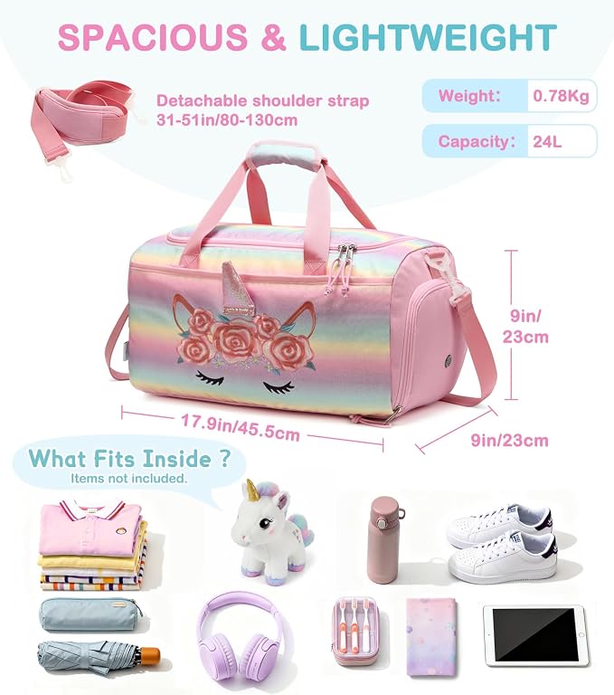 Kids Duffle Bag,VASCHY Travel Bag for Toddler Children Girls Water Resistant Overnight Duffel Ballet Dance Sport Carry On Weekender Bag with Shoes Compartment Dry Wet Pocket Unicorn - Image 2