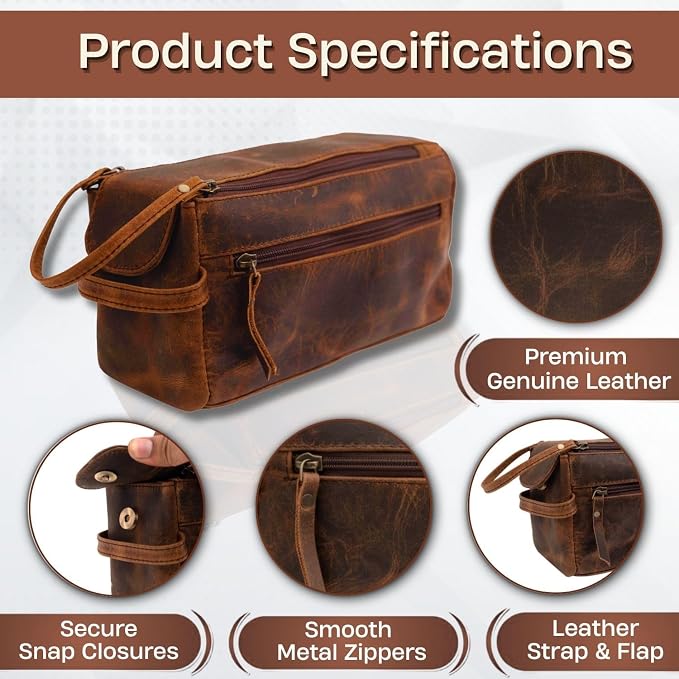 Rajeriya Premium Buffalo Leather Toiletry Bag for Men & Women With Water resistant Lining, Cosmetic Bags,Grooming Travel Pouch, Unisex Wash Bag for Toiletries, Gifts for Men and Women - Image 2