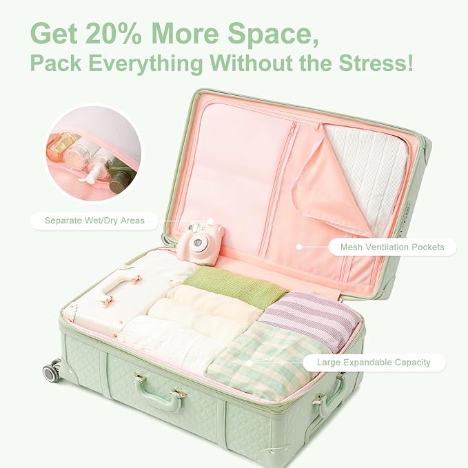 NZBZ Women's Retro Luggage Set, Two-Piece Retro Trolley Case Set with Spinner Wheels and TSA Lock, Faux Leather Carry-on Suitcase and Cosmetic Bag(14-inch/20-inch, Mint Green) - Image 5