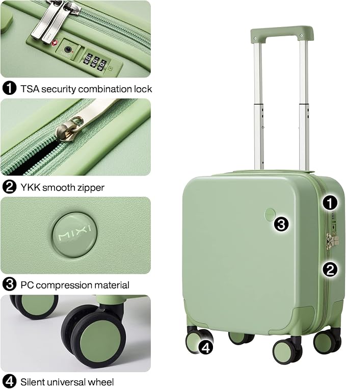 mixi 14 Inch Underseat Luggage Carry on Suitcase Free Boarding Personal Item Suitcases with Spinner Wheels Hardshell Lightweight PC for Short Travel, Avocado Green - Image 4