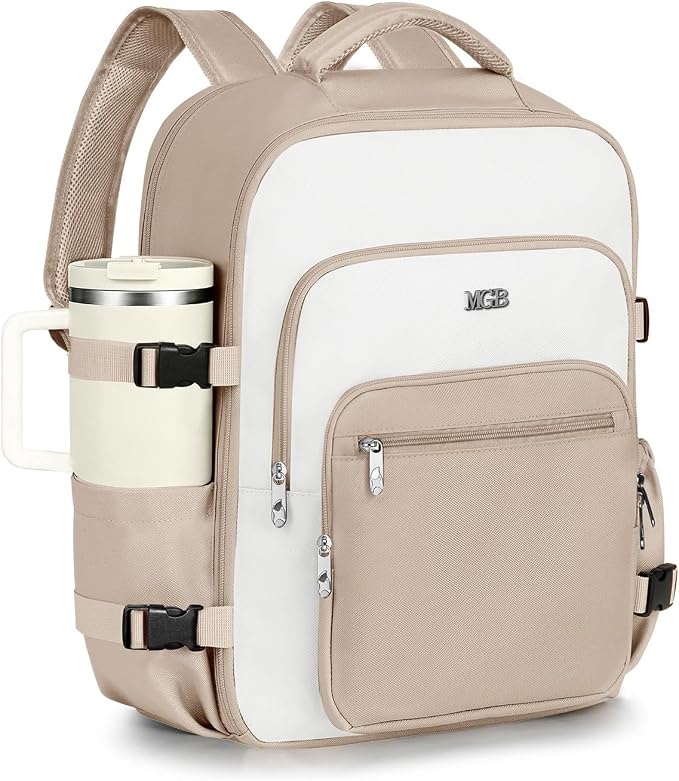 Travel Backpack for Women & Men, Carry On Personal Item Bag Flight Approved, Large Waterproof Laptop Backpack for Travel, Overnight, College & Commuting Beige-White by MGB