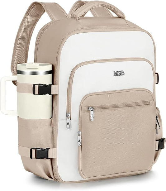 Travel Backpack for Women & Men, Carry On Personal Item Bag Flight Approved, Large Waterproof Laptop Backpack for Travel, Overnight, College & Commuting Beige-White by MGB