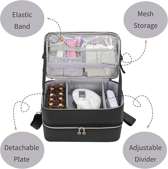 Ethereal Nail Polish Organizer Case, Leather Nail Polish Bag Holds 50+ Bottles (5ml/0.5fl.oz) and Nail Lamp, Nail Storage Organizer with Compartment, Leather Black - Image 4