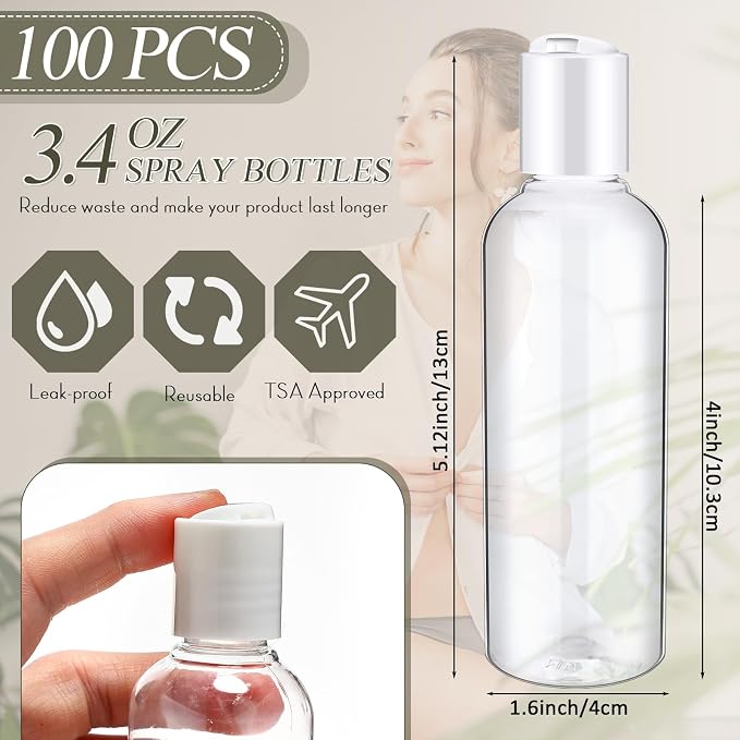 Roshtia 100 Pack 3.4 oz Travel Bottles for Toiletries, Clear Refillable Plastic Bottles with Disc Top Flip Cap, Leak Proof Empty Containers for Shampoo, Lotion, Essential Oil, Bulk Travel Size(White) - Image 2
