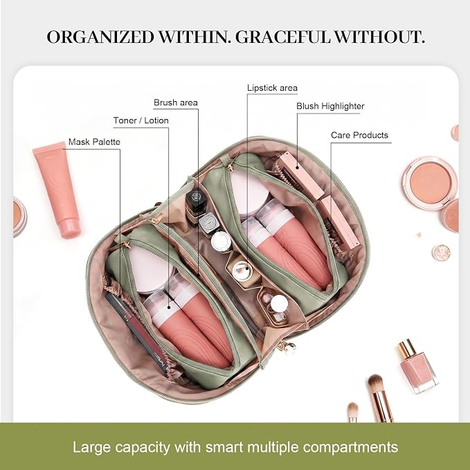 Travel Makeup Bags Cosmetic Organizer: 3Pcs Set Puffy Make up Bag for Women | Green Premium Quilted ELEGANCE Design | Large Capacity Leather Toiletry Bags | Wide Open Compact Case for Travel Essentials - Image 5
