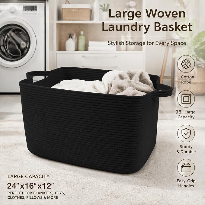 96L Extra Large Black Cotton Rope Laundry Basket with Sturdy Handle | 24x16x15 Foldable Rectangular Blanket Basket for Toys, Clothes & Pillows,Ideal for Nursery, Bathroom, Bedroom, Living Room - Image 5