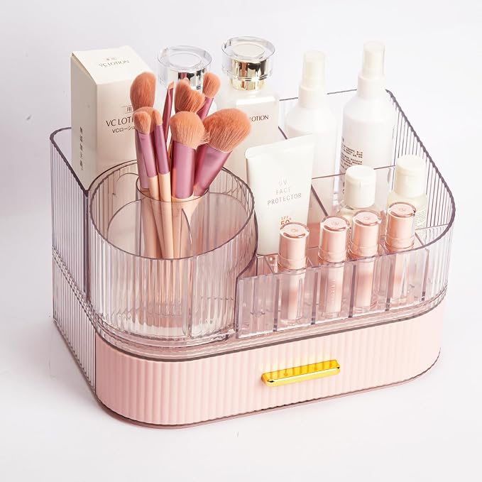 Makeup Organizer with Stackable Drawer and 360 Rotating Brush Holder, Cosmetic Storage Display, 11-inch Wide Beauty Counter, Pink, Large (Tray + 1 Drawer) - Image 7
