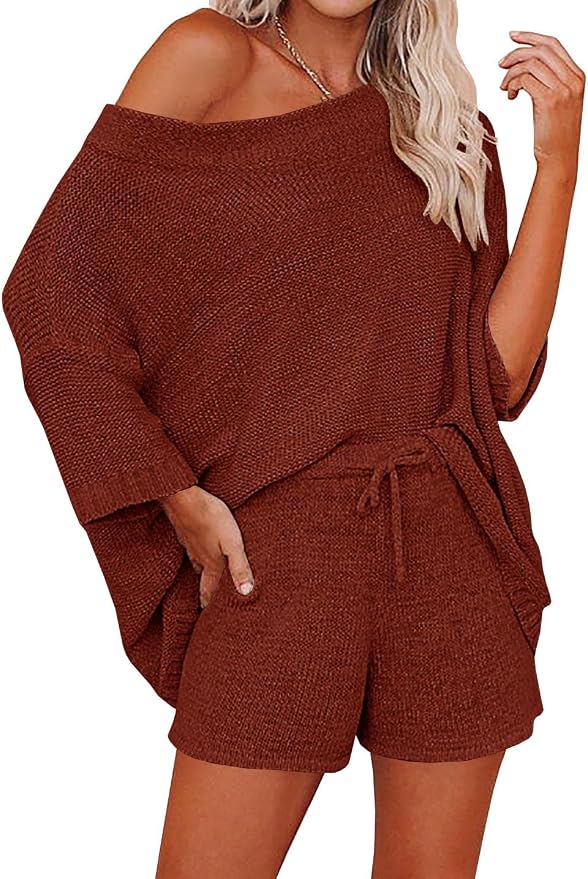 Ermonn Womens 2 Piece Outfits Sweater Sets Off Shoulder Knit Tops Waist Short Suits Casual Pajama Set by Ermonn