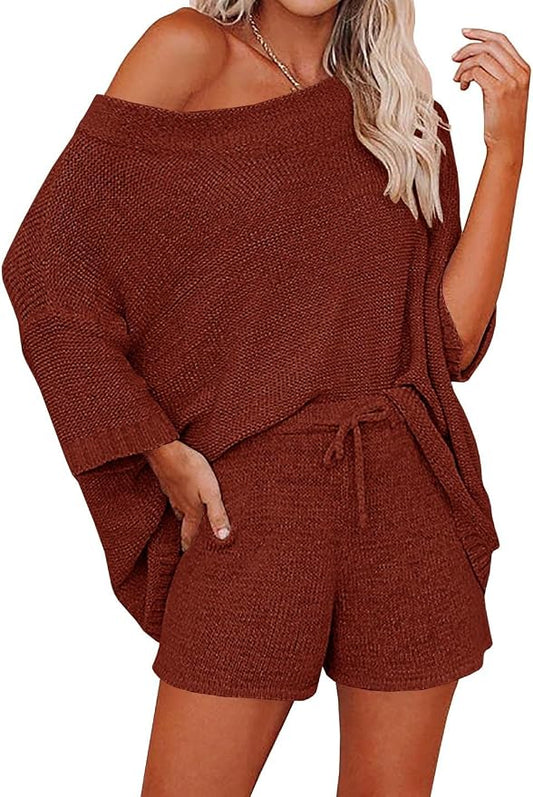 Ermonn Womens 2 Piece Outfits Sweater Sets Off Shoulder Knit Tops Waist Short Suits Casual Pajama Set by Ermonn