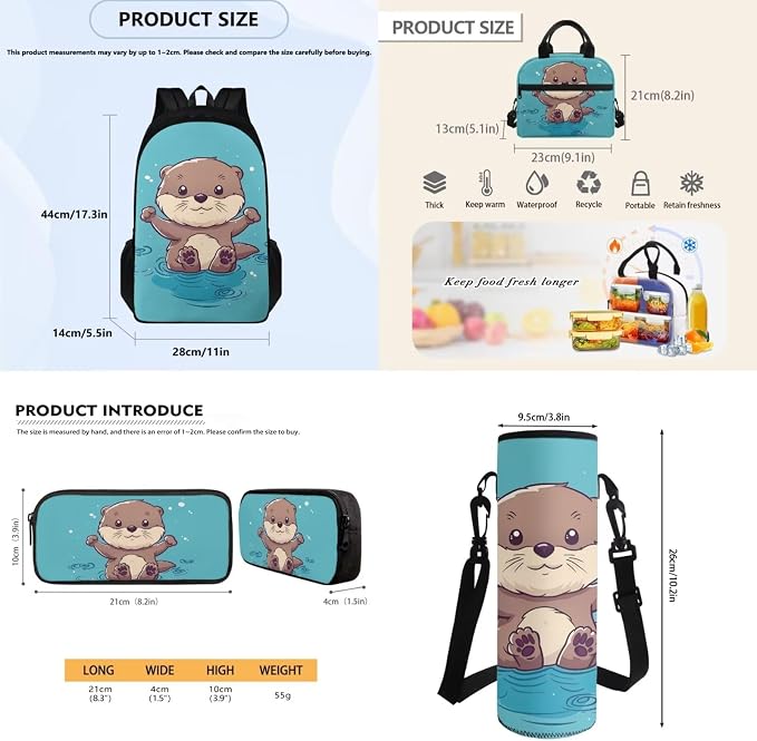 School Backpack for Girls 10-12 with Water Bottle Carrier Insulated Lunch Box Pencil Case for Kids, Kids School Bag Bookbag for Preschool Kindergarten Elementary, Cute Otter Print - Image 7