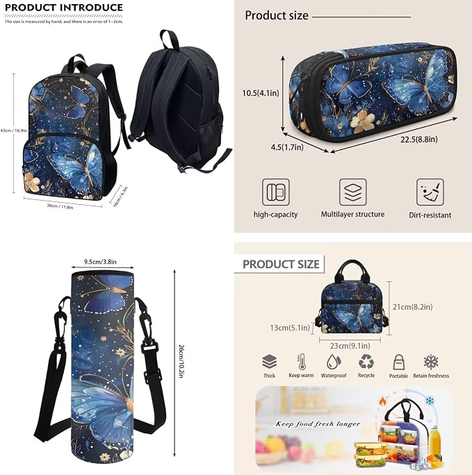 4Pcs Children School Backpack Set Girl's Butterfly Schoolbag Sets Big Capacity Bookbag with Lunch Box Pencil Case Water Carrier Pouch for Primary,Kindergarten - Image 3