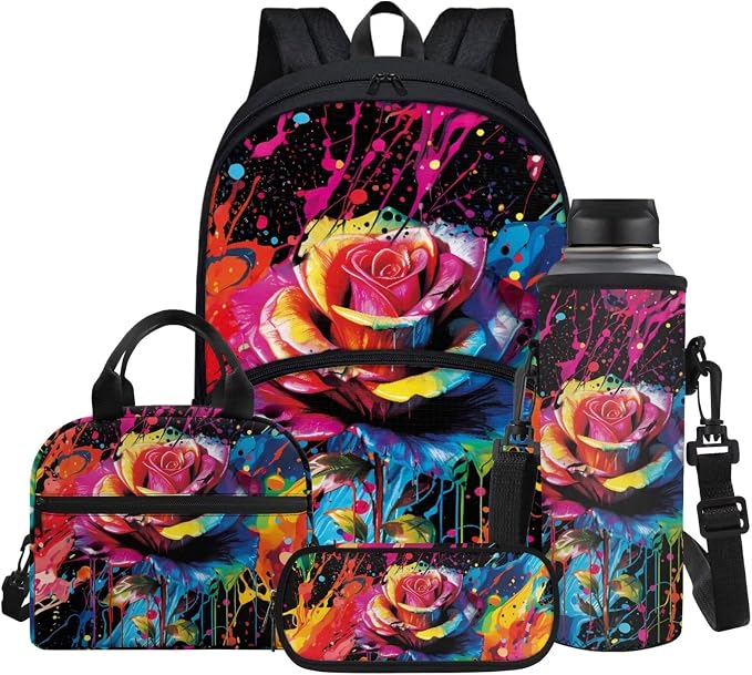 Tie-dye Rose Flowers Print School Backpack for Girls Boys Full Set of 4 Casual Schoolbags with Insulated Thermal Lunch Box Cooler Water Bottle Carrier Portable Pencil Case by Glomenade
