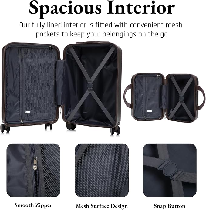 2 Pcs ABS Spinner Luggage Set - 14" Cosmetic Case & 20" Carry-On with Combination Lock, Front Opening Design, Brown - Image 5