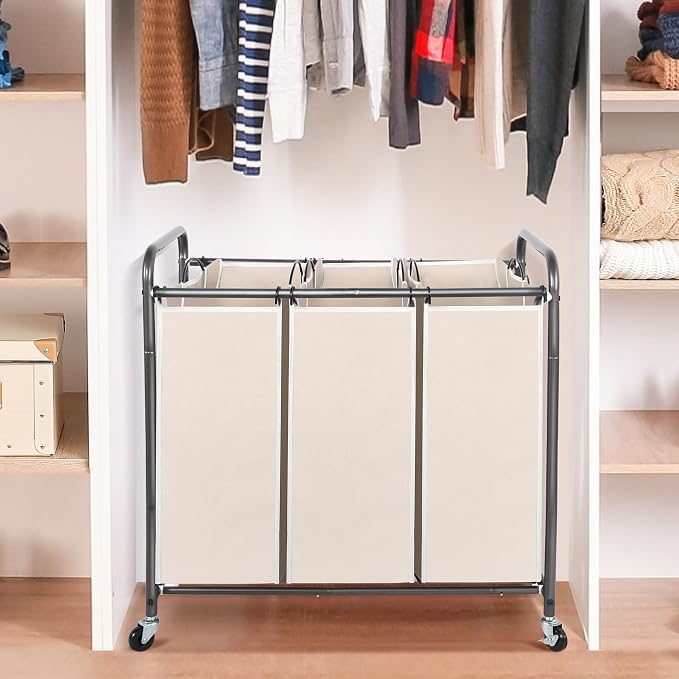 STO STO Laundry Sorter 3 Section, 3 Bag Clothes Hamper, Rolling Laundry Cart Basket with Heavy Duty Lockable Wheels and Removable Bag for Laundry Room, Bedroom, Closet, Beige - Image 3