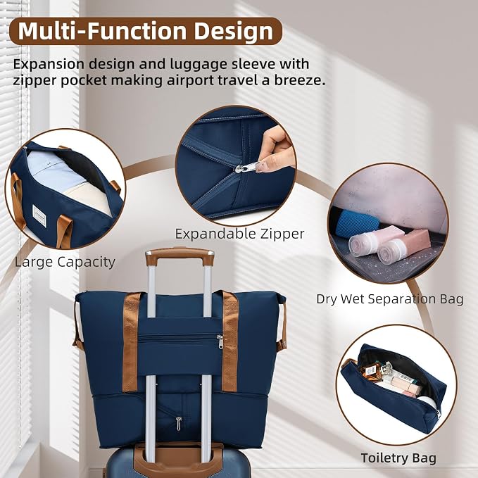 6 Piece Luggage Set Hard Shell - Navy Blue Expandable Suitcases with Spinner Wheels and Duffel Bags for Family Travel, Durable Carry On Luggage Sets with Lock for Women and Men - Image 3